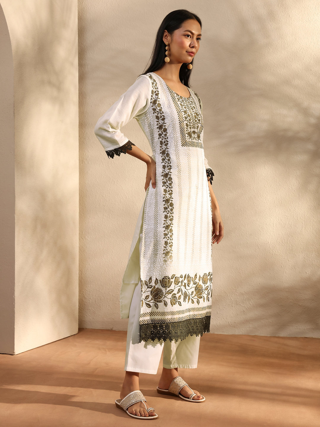 White Floral Printed Cotton Blend Straight Suit Set With Dupatta