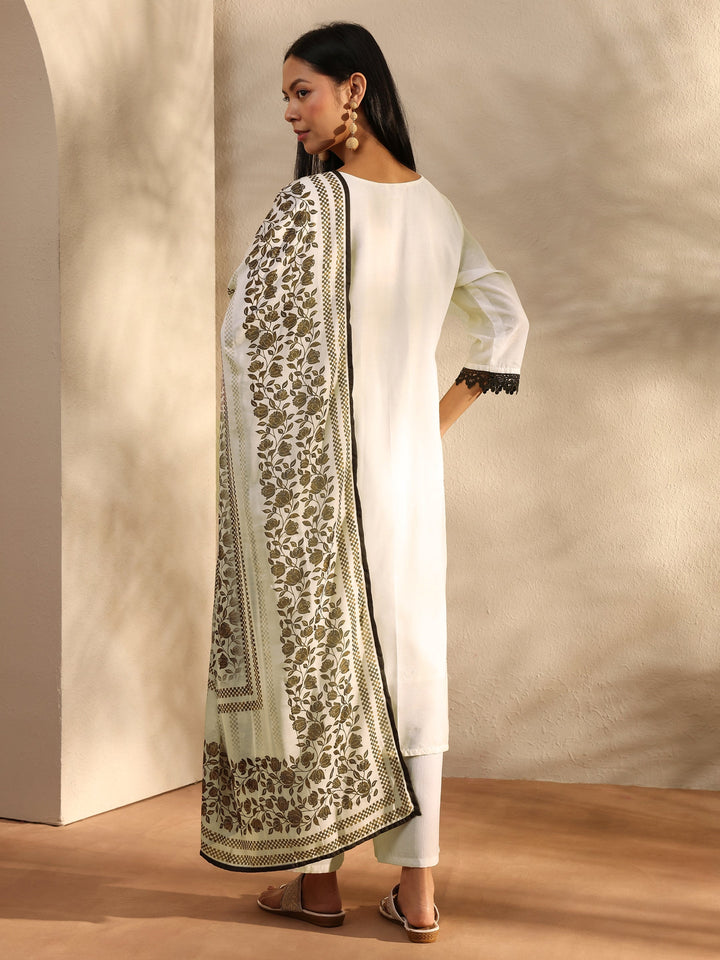 White Floral Printed Cotton Blend Straight Suit Set With Dupatta