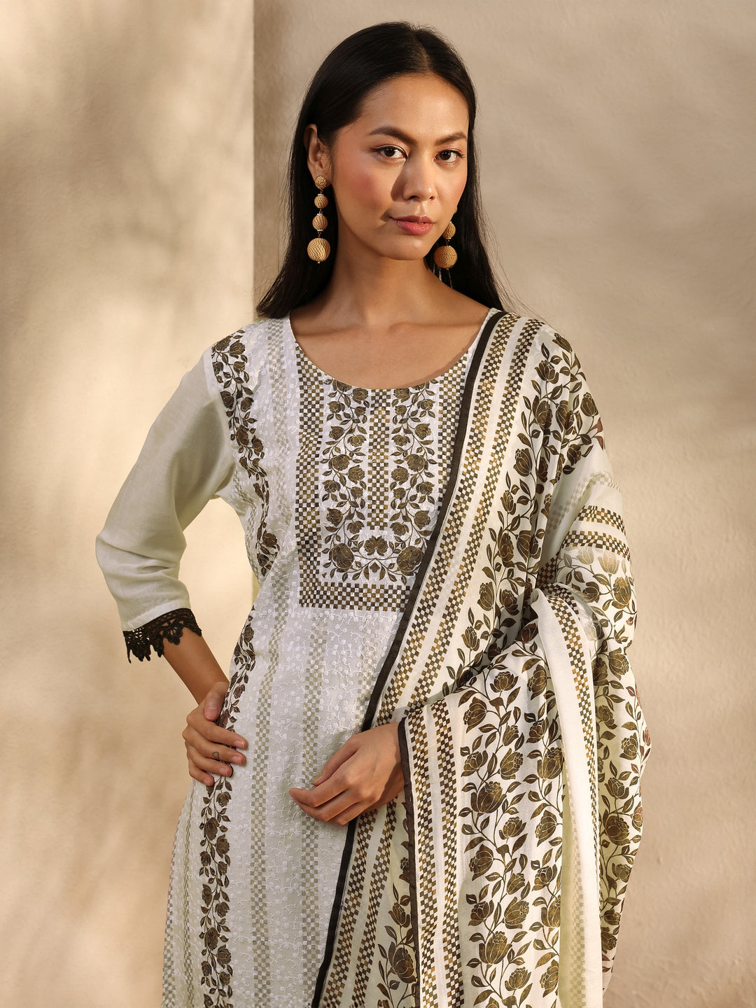 White Floral Printed Cotton Blend Straight Suit Set With Dupatta