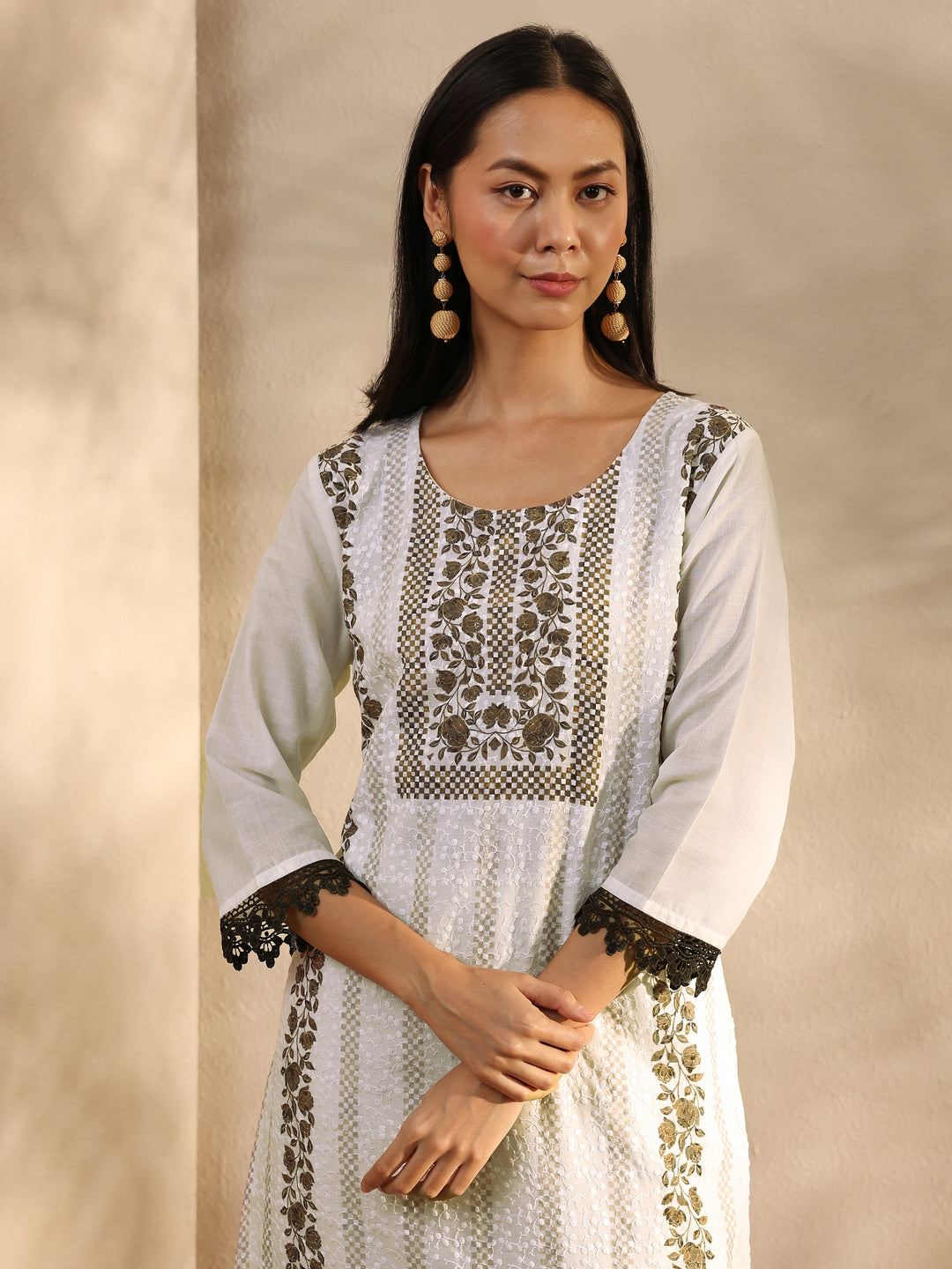 White Floral Printed Cotton Blend Straight Suit Set With Dupatta