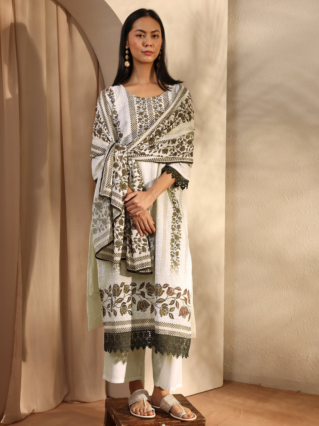 White Floral Printed Cotton Blend Straight Suit Set With Dupatta