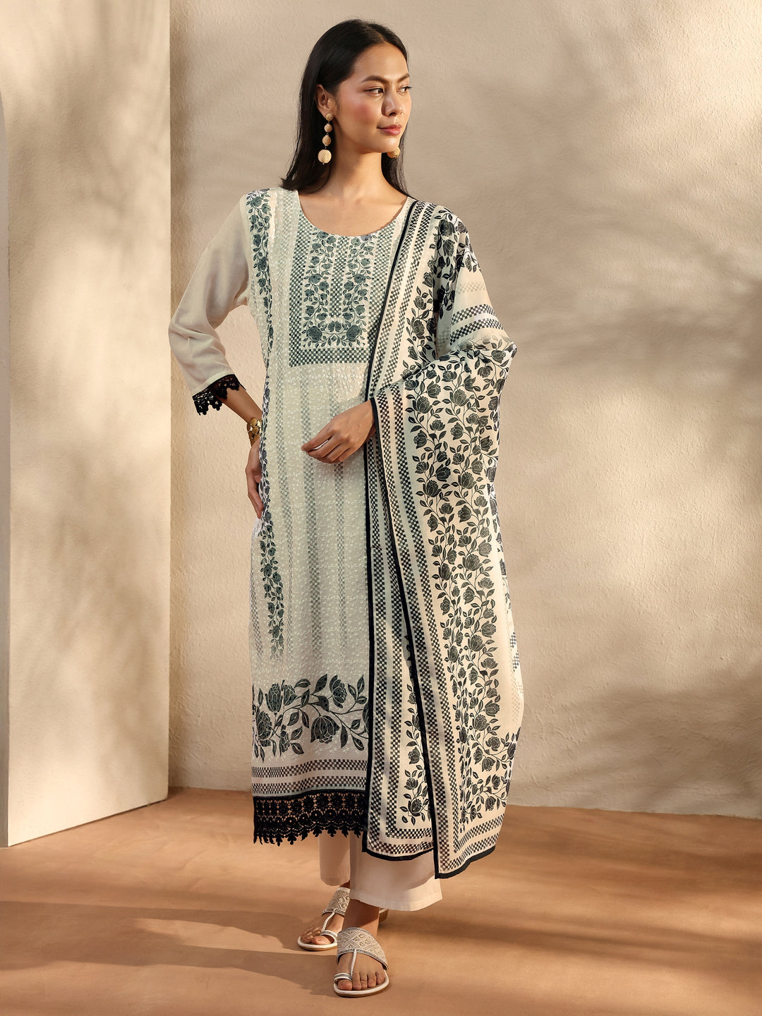 White Floral Printed Cotton Blend Straight Suit Set With Dupatta