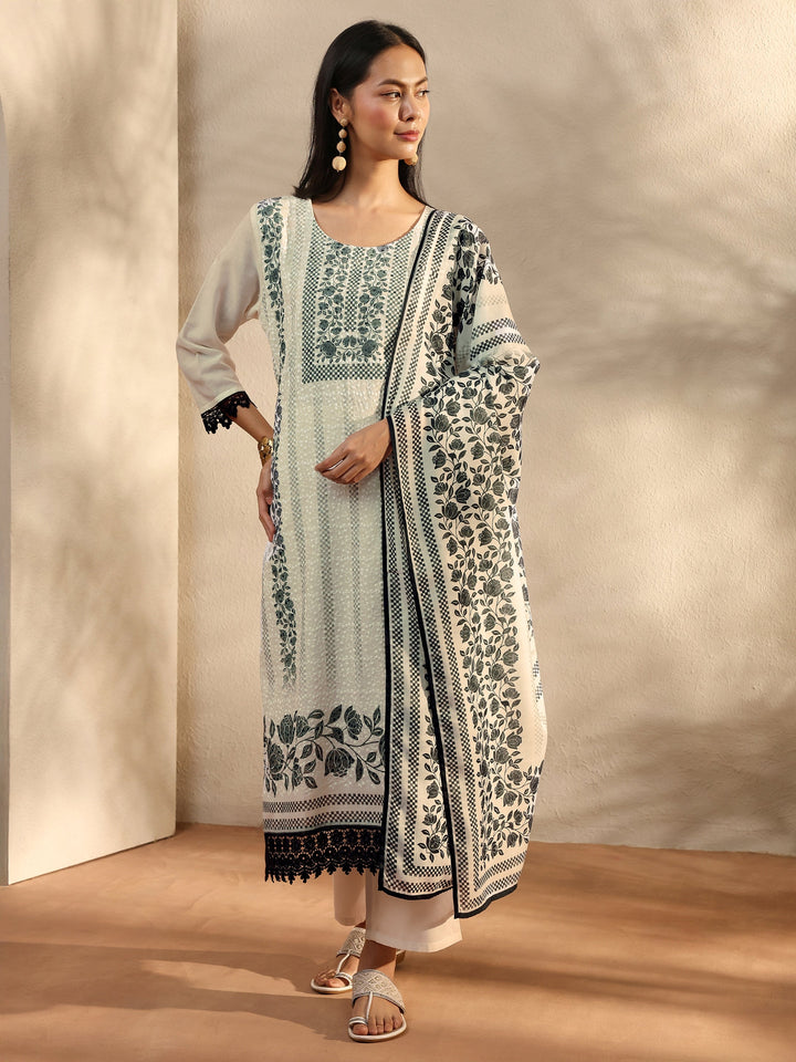 White Floral Printed Cotton Blend Straight Suit Set With Dupatta