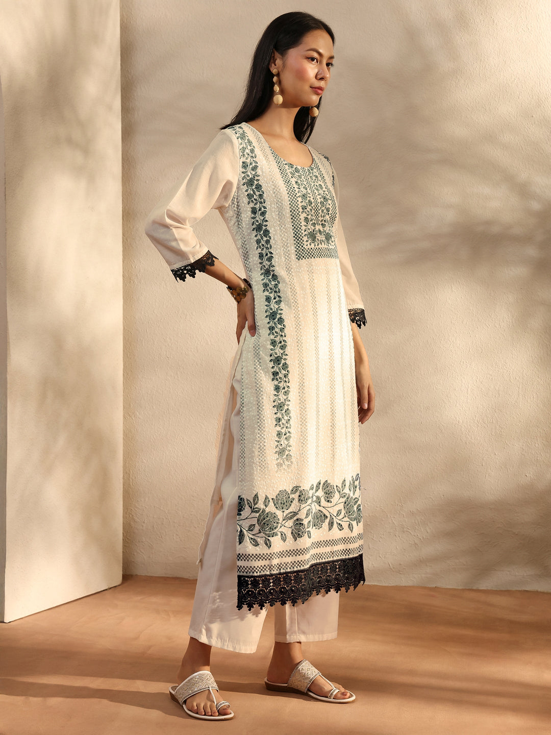White Floral Printed Cotton Blend Straight Suit Set With Dupatta