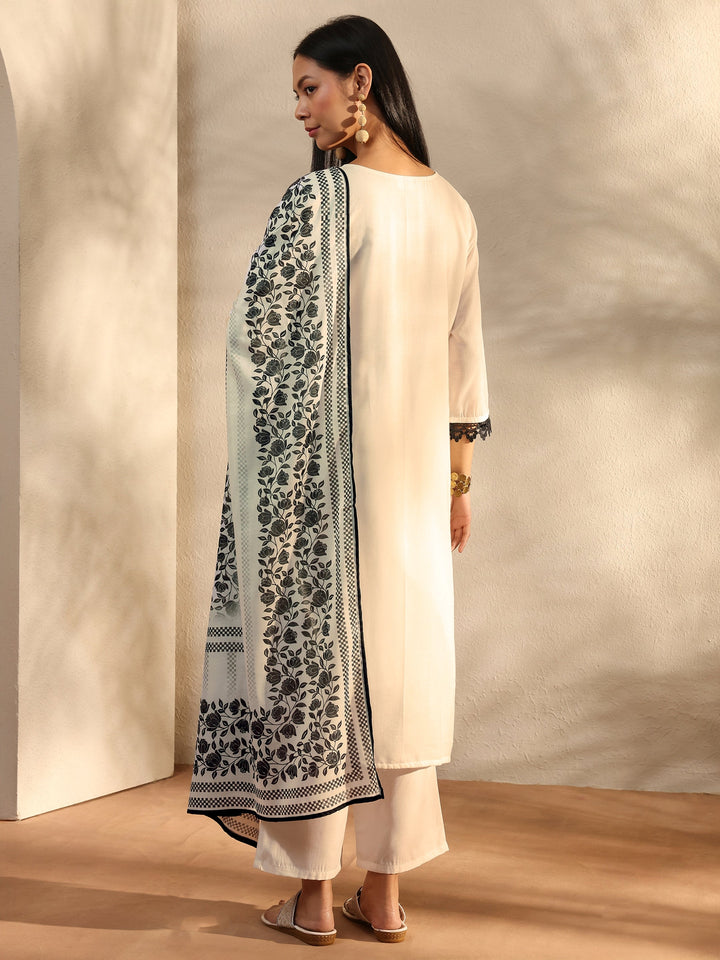 White Floral Printed Cotton Blend Straight Suit Set With Dupatta