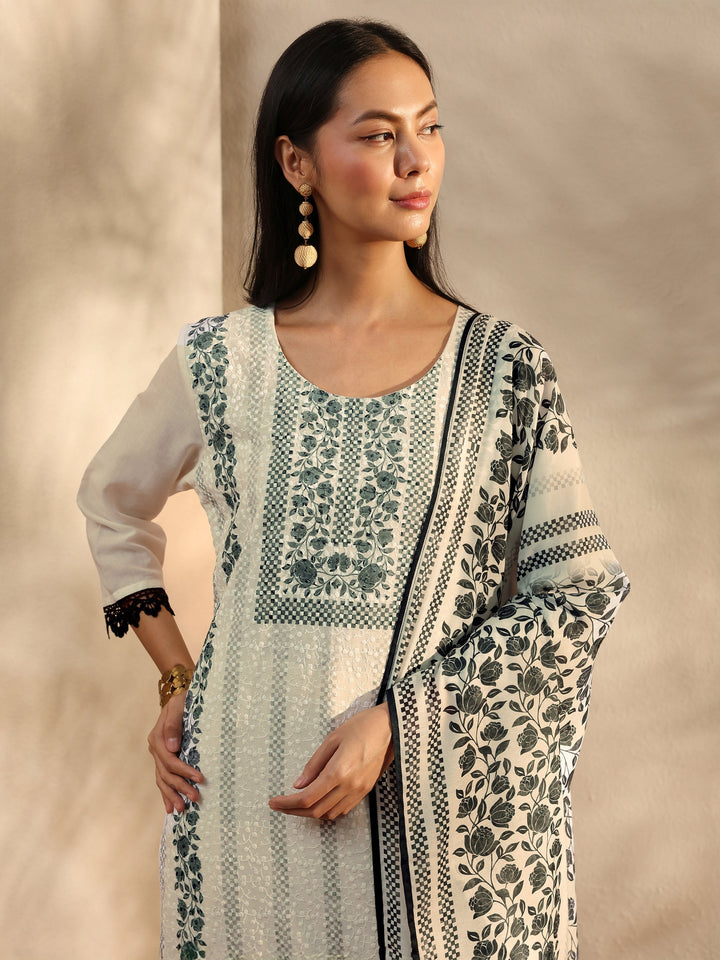 White Floral Printed Cotton Blend Straight Suit Set With Dupatta