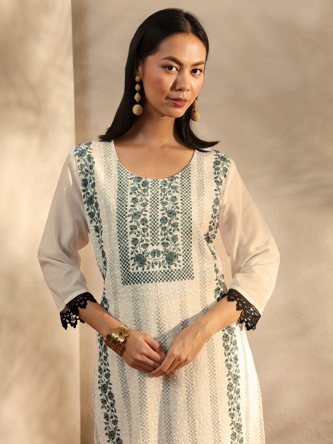 White Floral Printed Cotton Blend Straight Suit Set With Dupatta