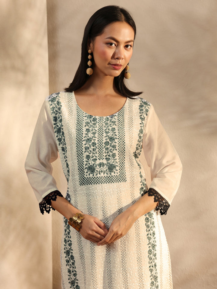 White Floral Printed Cotton Blend Straight Suit Set With Dupatta
