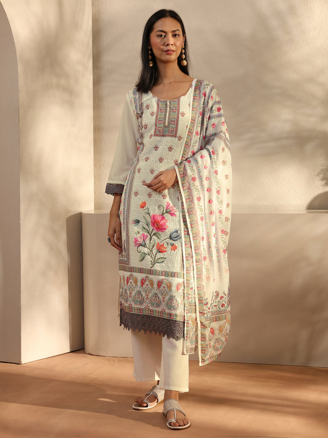 White Floral Printed Cotton Blend Straight Suit Set With Dupatta