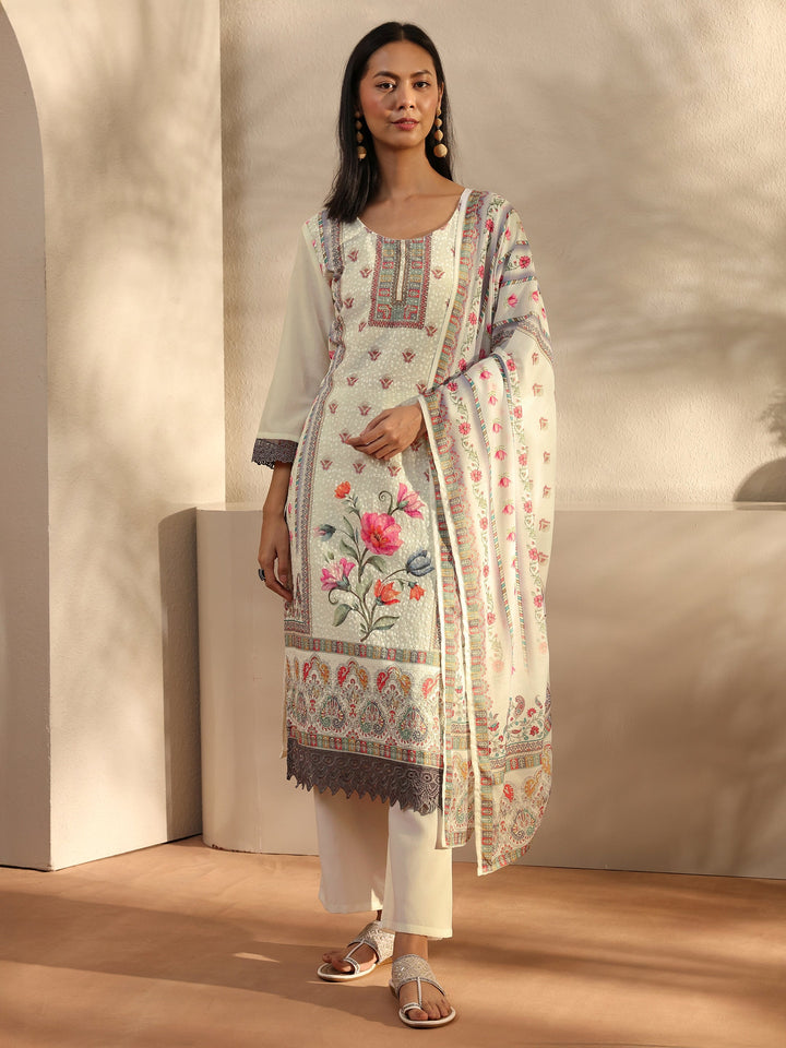 White Floral Printed Cotton Blend Straight Suit Set With Dupatta