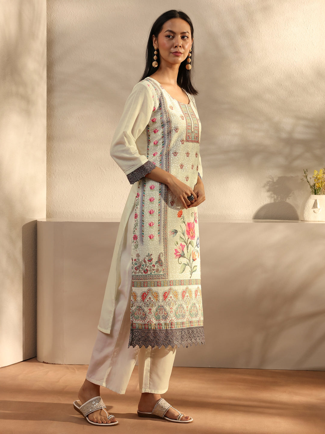 White Floral Printed Cotton Blend Straight Suit Set With Dupatta