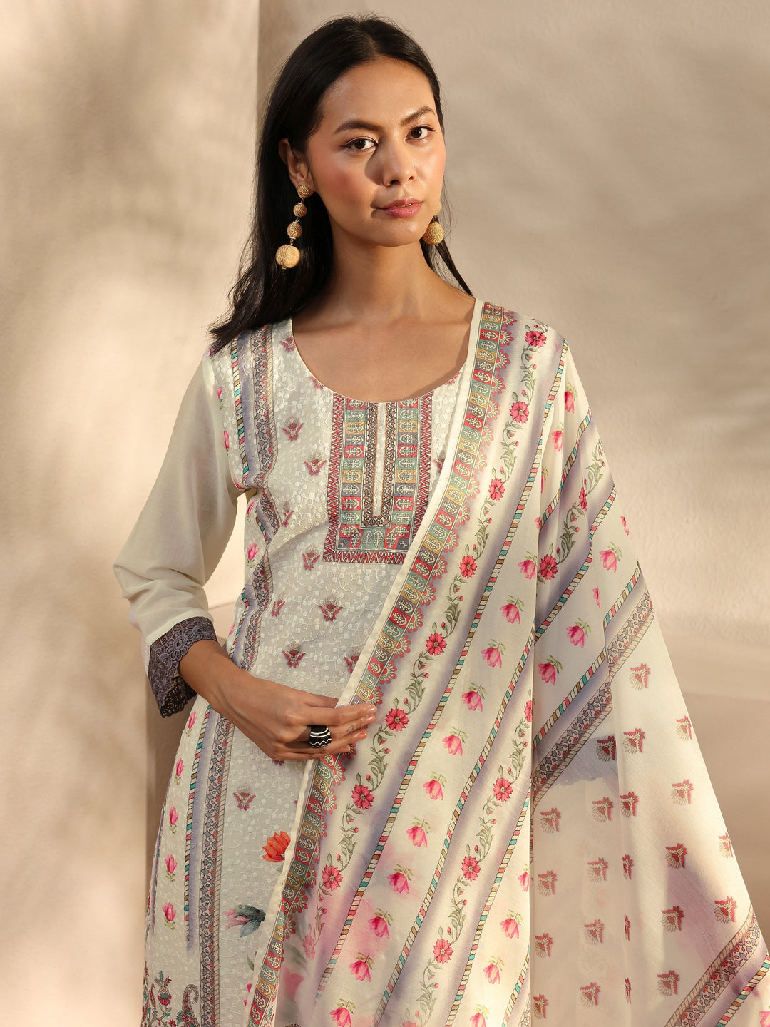 White Floral Printed Cotton Blend Straight Suit Set With Dupatta