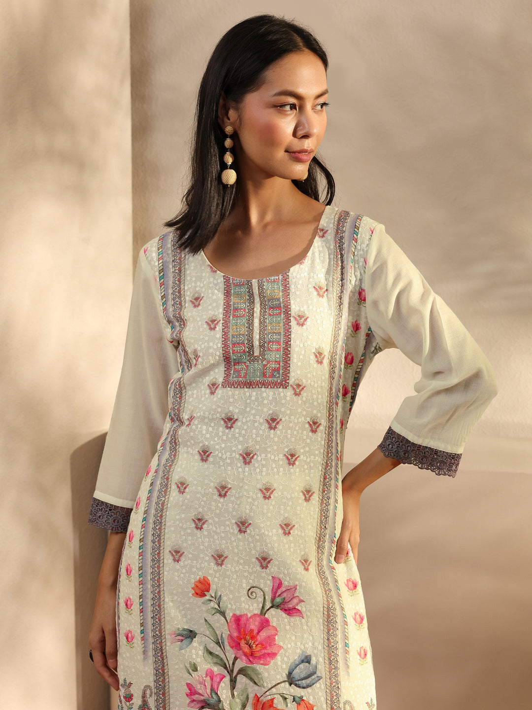 White Floral Printed Cotton Blend Straight Suit Set With Dupatta
