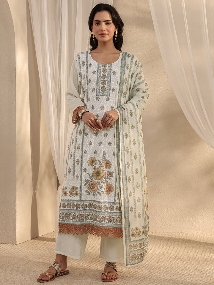 White Floral Printed Cotton Blend Straight Suit Set With Dupatta