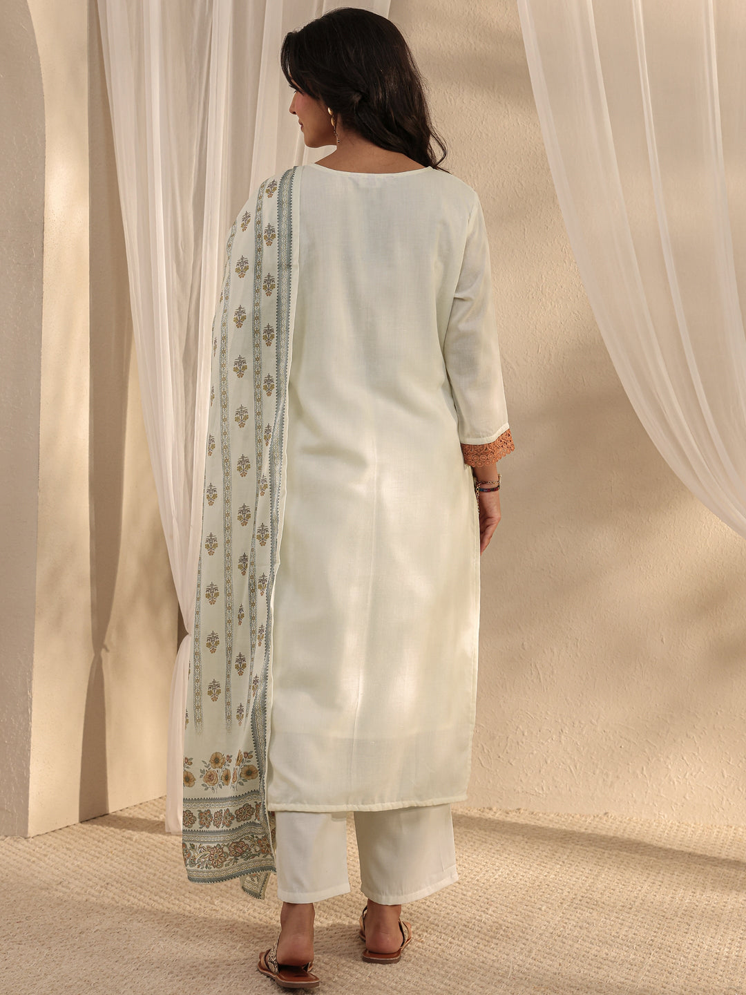 White Floral Printed Cotton Blend Straight Suit Set With Dupatta