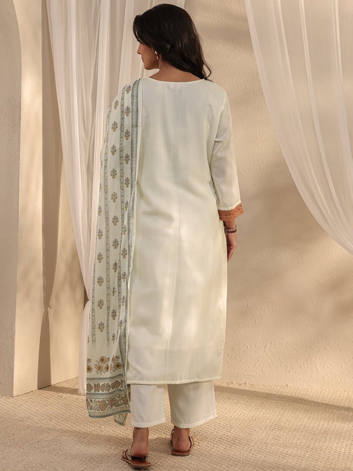 White Floral Printed Cotton Blend Straight Suit Set With Dupatta