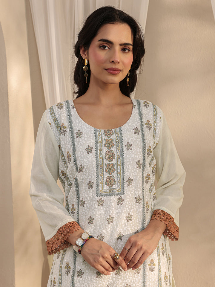 White Floral Printed Cotton Blend Straight Suit Set With Dupatta
