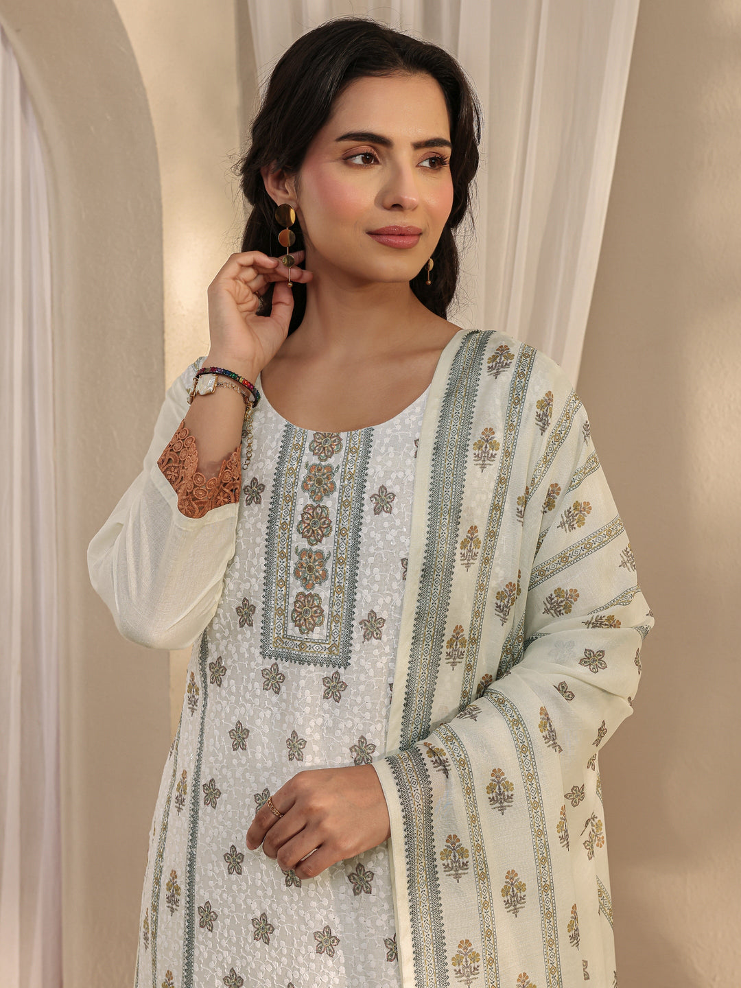 White Floral Printed Cotton Blend Straight Suit Set With Dupatta