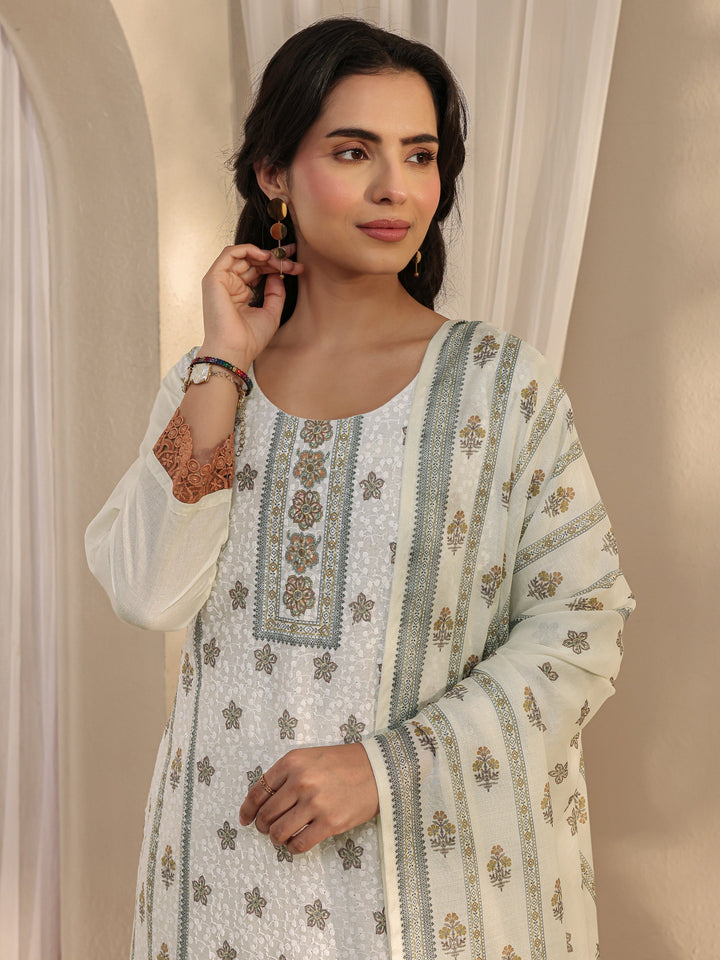 White Floral Printed Cotton Blend Straight Suit Set With Dupatta