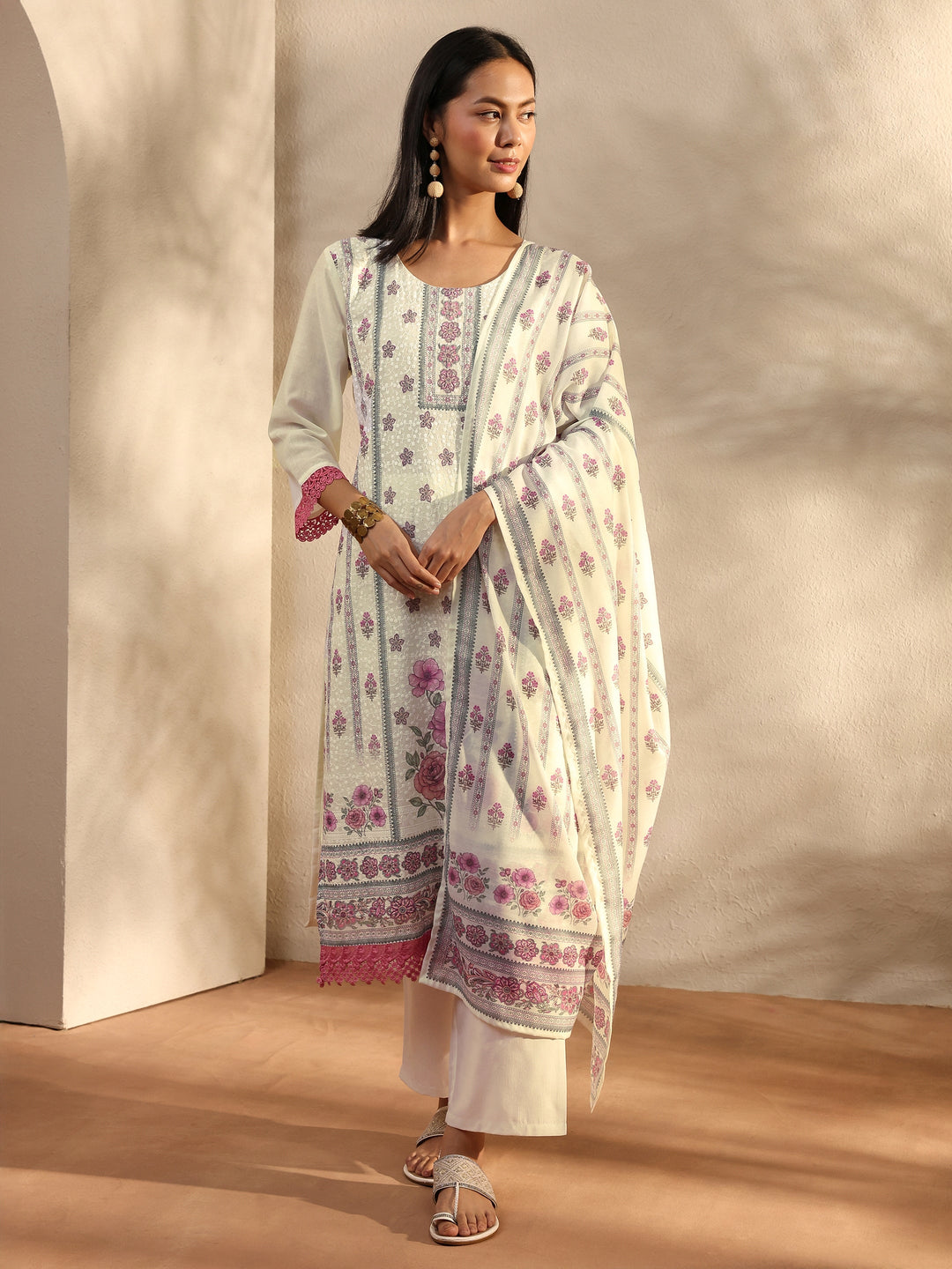 White Floral Printed Cotton Blend Straight Suit Set With Dupatta