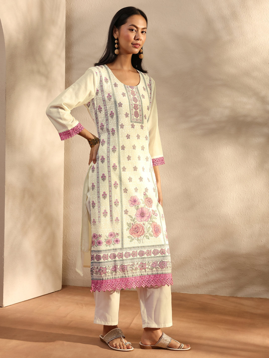 White Floral Printed Cotton Blend Straight Suit Set With Dupatta
