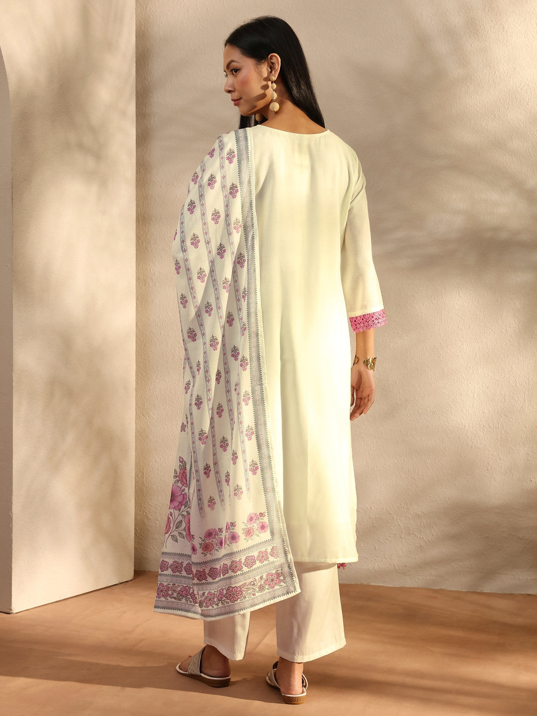 White Floral Printed Cotton Blend Straight Suit Set With Dupatta