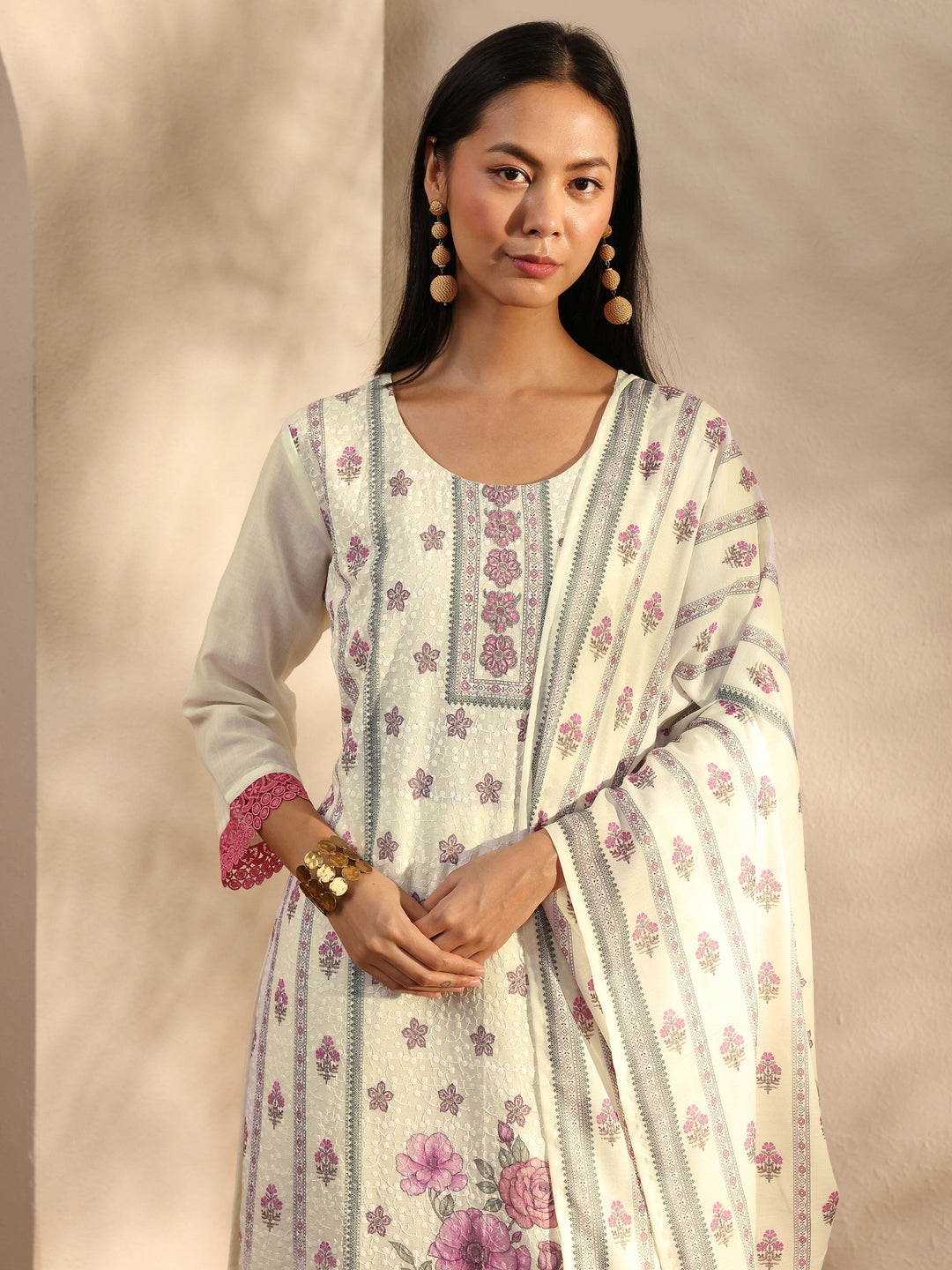 White Floral Printed Cotton Blend Straight Suit Set With Dupatta