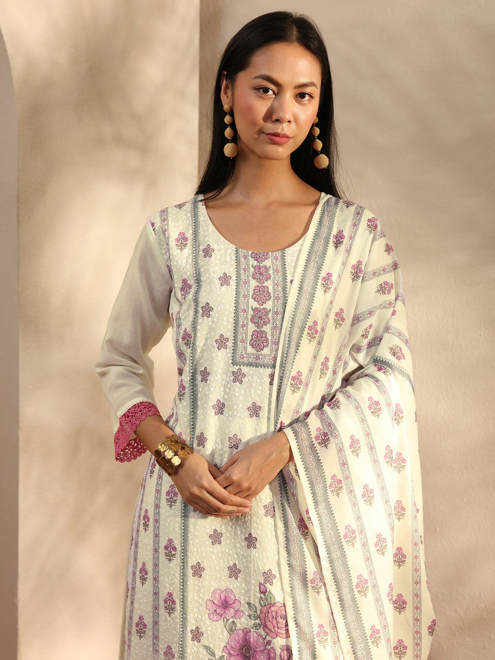 White Floral Printed Cotton Blend Straight Suit Set With Dupatta