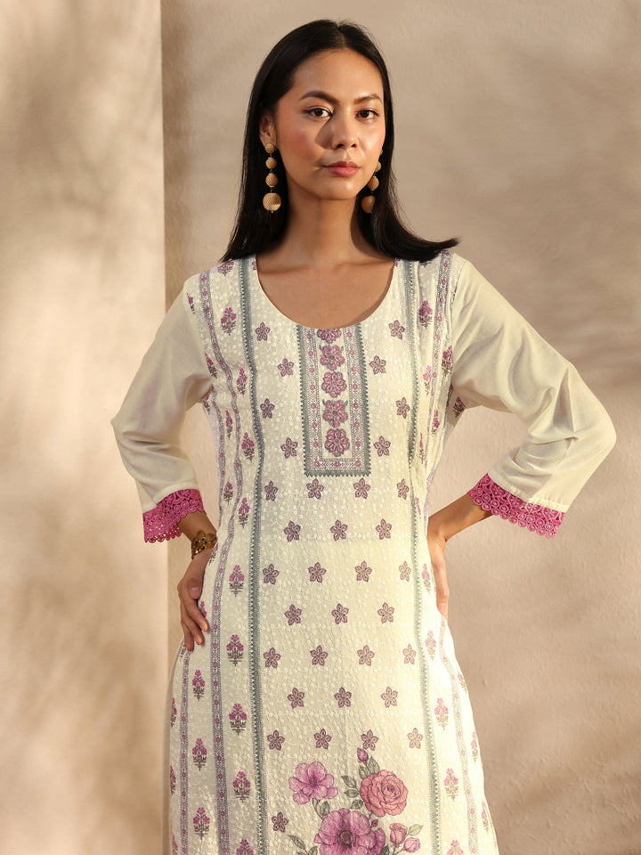 White Floral Printed Cotton Blend Straight Suit Set With Dupatta