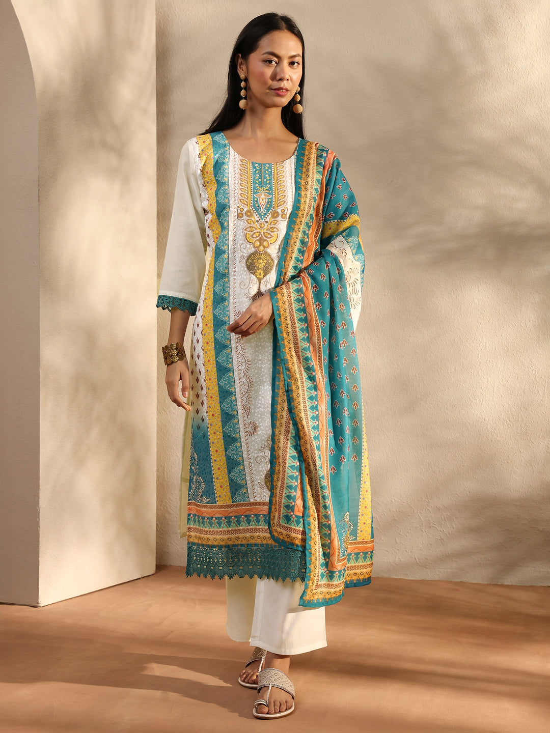 White Printed Cotton Blend Straight Suit Set With Dupatta