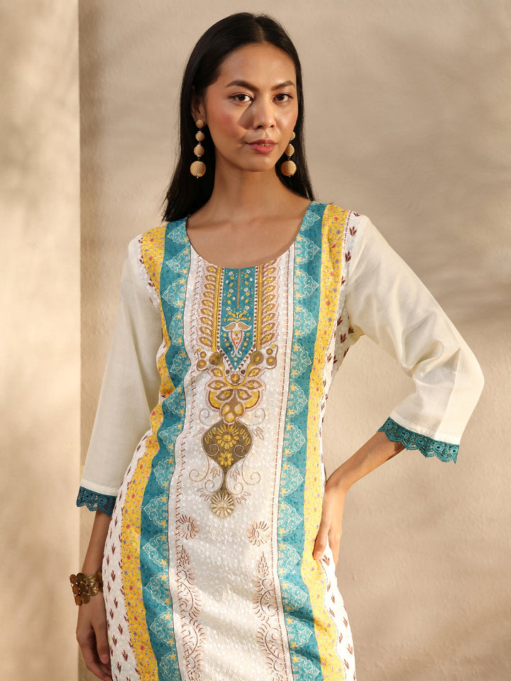 White Printed Cotton Blend Straight Suit Set With Dupatta