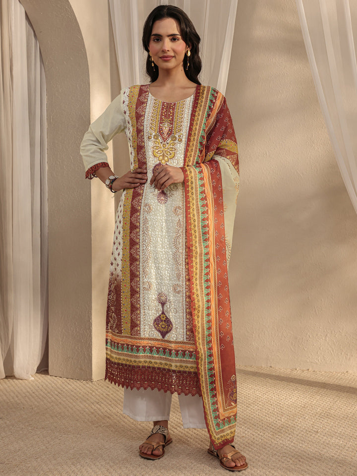 White Ethnic Printed Cotton Blend Straight Suit Set With Dupatta