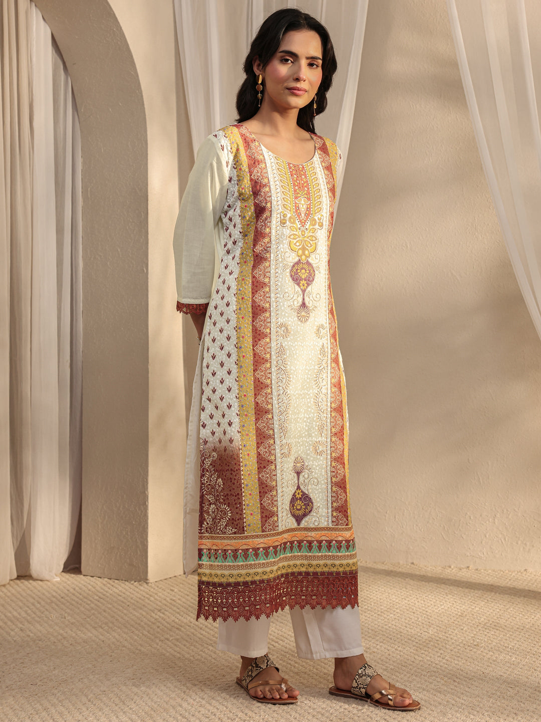 White Ethnic Printed Cotton Blend Straight Suit Set With Dupatta