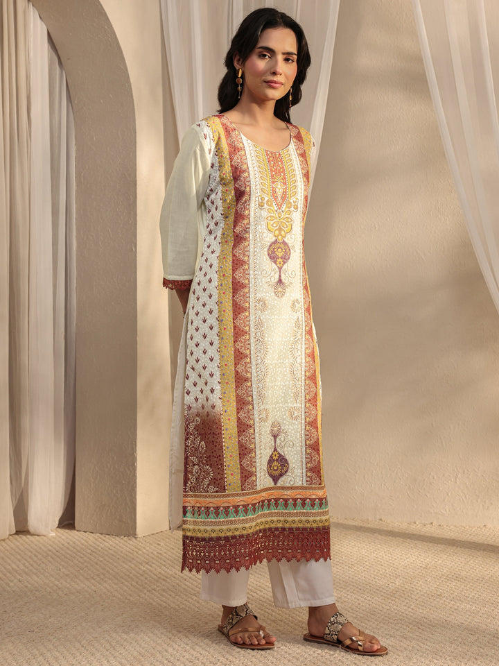 White Ethnic Printed Cotton Blend Straight Suit Set With Dupatta