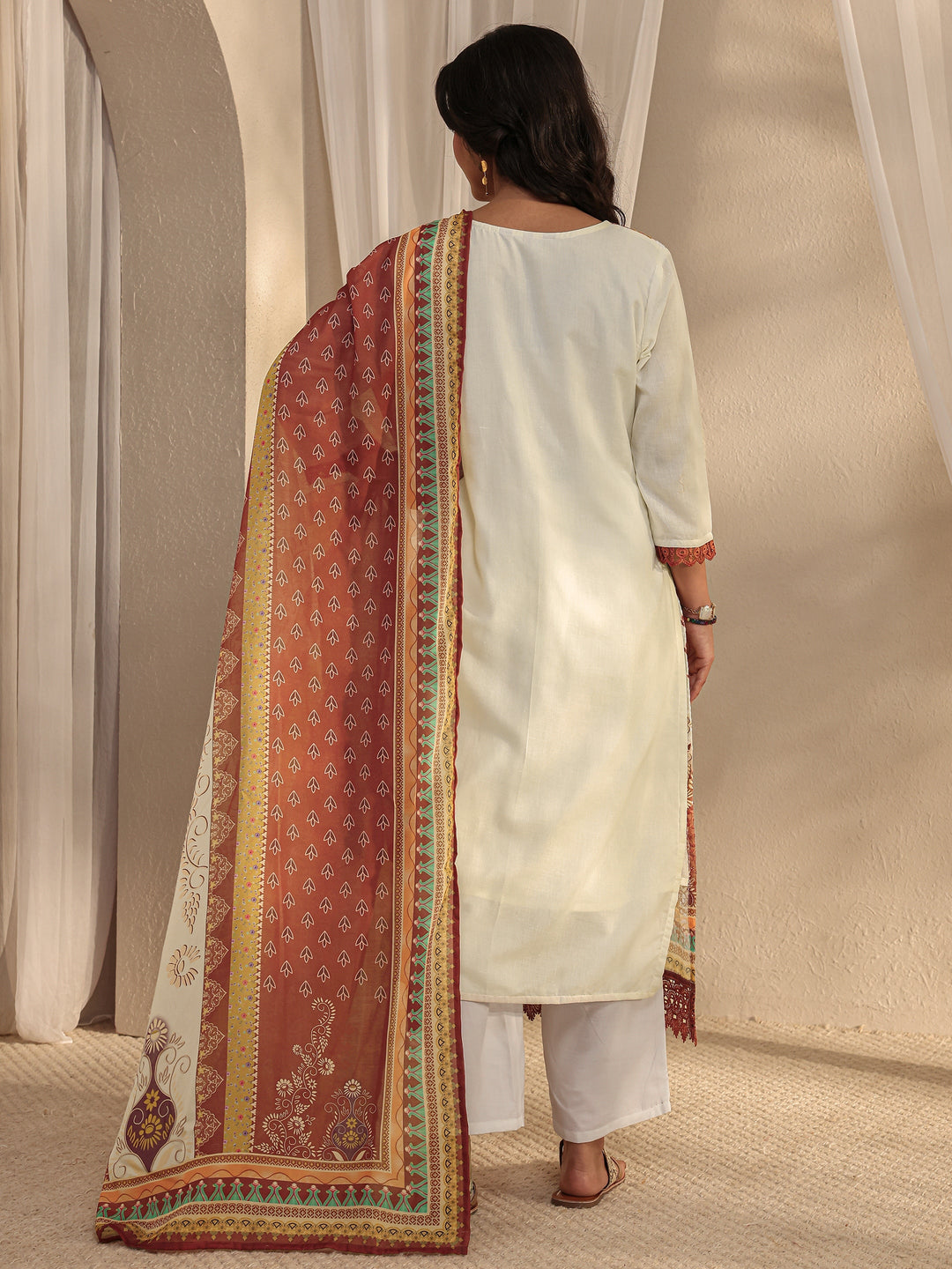 White Ethnic Printed Cotton Blend Straight Suit Set With Dupatta