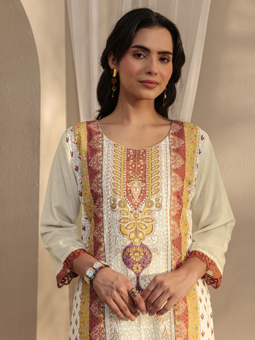 White Ethnic Printed Cotton Blend Straight Suit Set With Dupatta