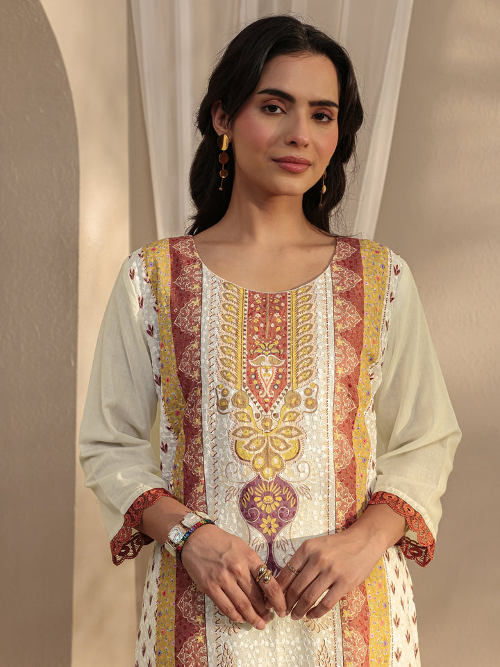 White Ethnic Printed Cotton Blend Straight Suit Set With Dupatta