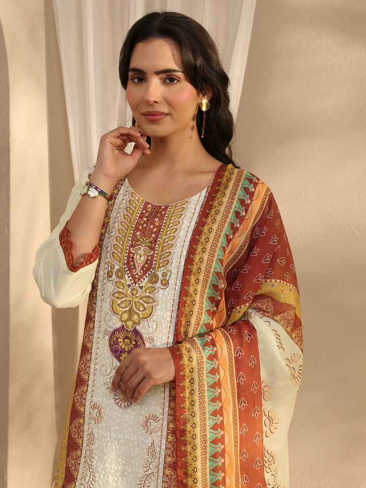 White Ethnic Printed Cotton Blend Straight Suit Set With Dupatta