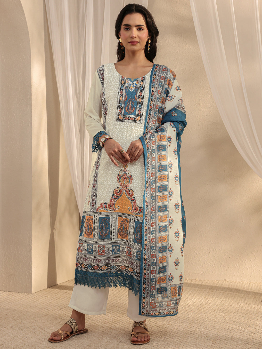 White Ethnic Printed Cotton Blend Straight Suit Set With Dupatta