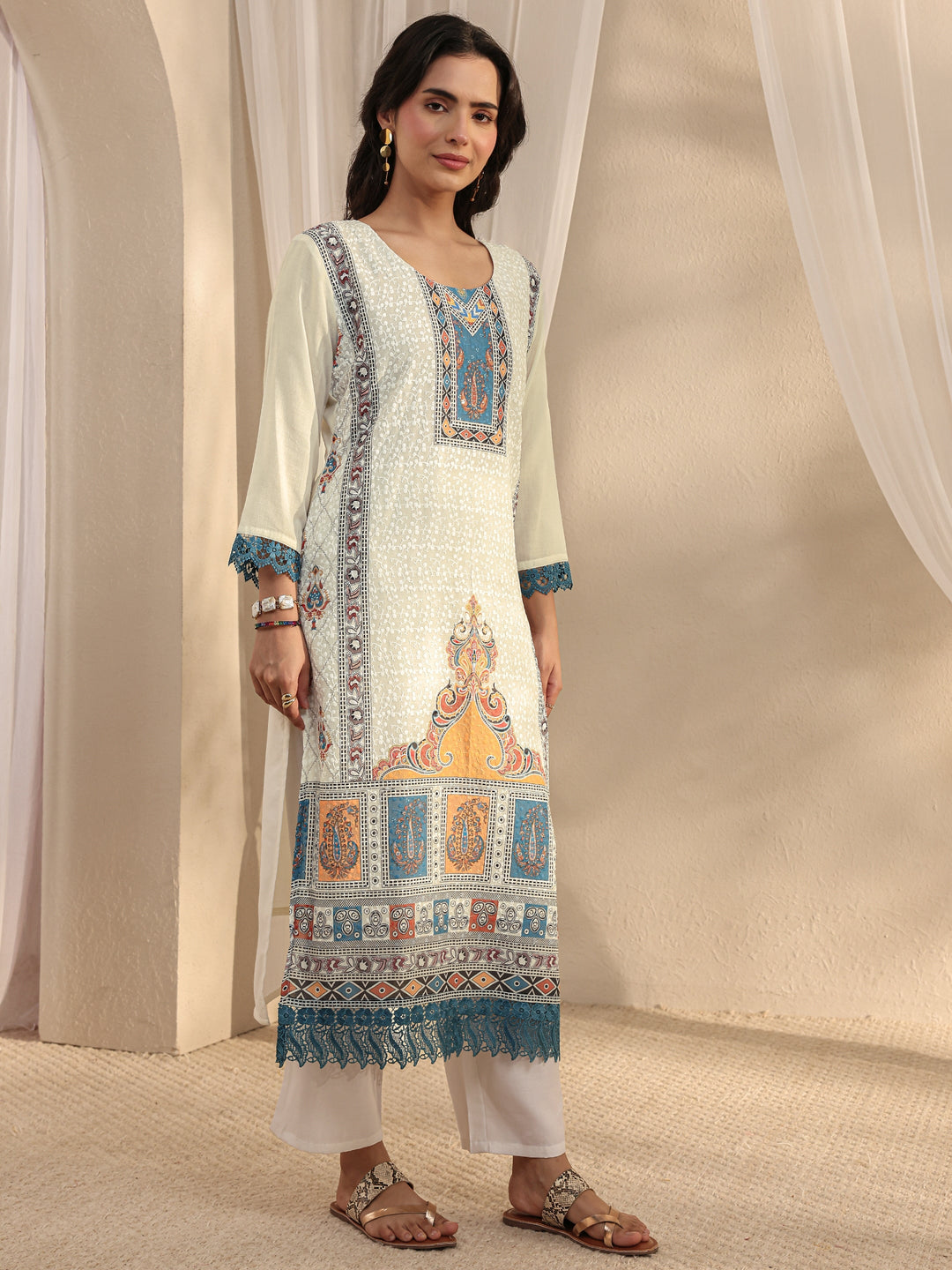 White Ethnic Printed Cotton Blend Straight Suit Set With Dupatta