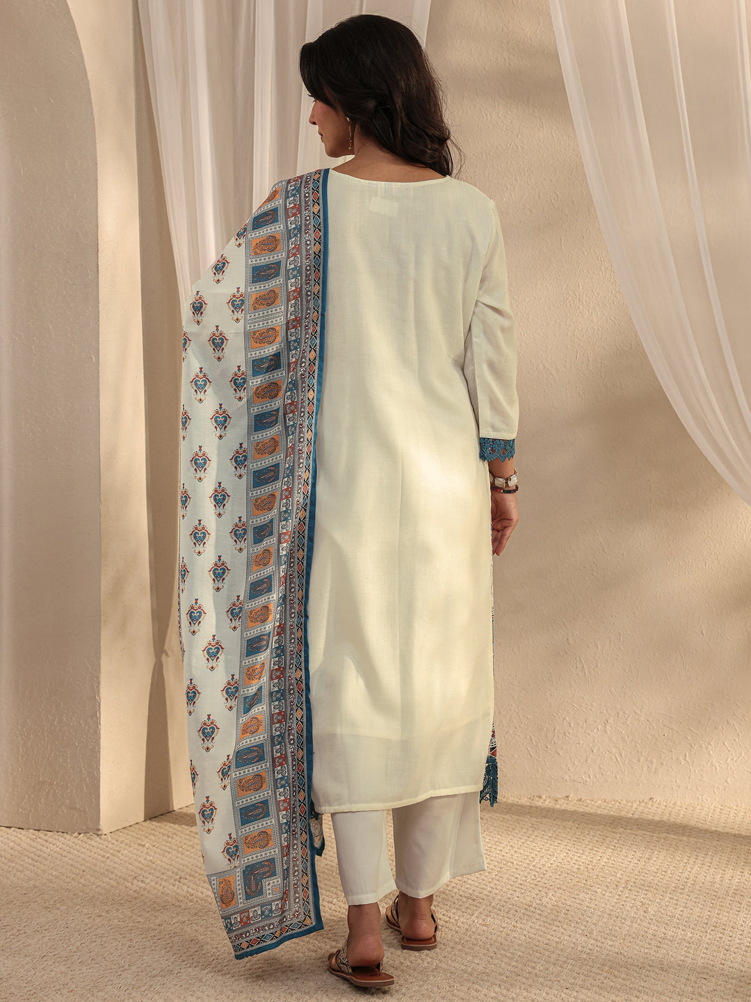 White Ethnic Printed Cotton Blend Straight Suit Set With Dupatta