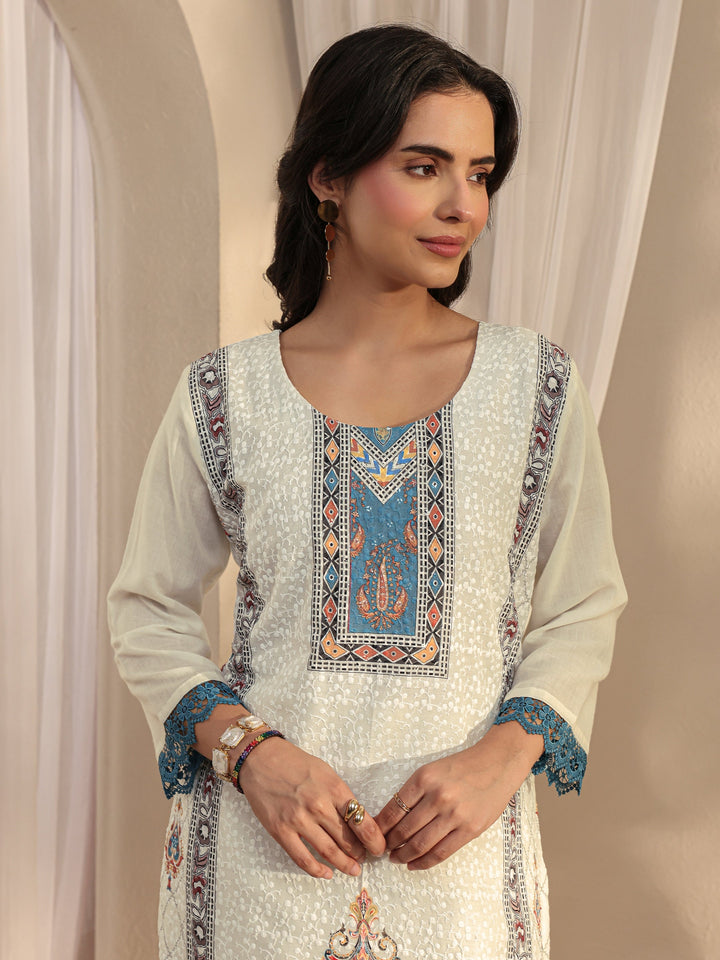 White Ethnic Printed Cotton Blend Straight Suit Set With Dupatta