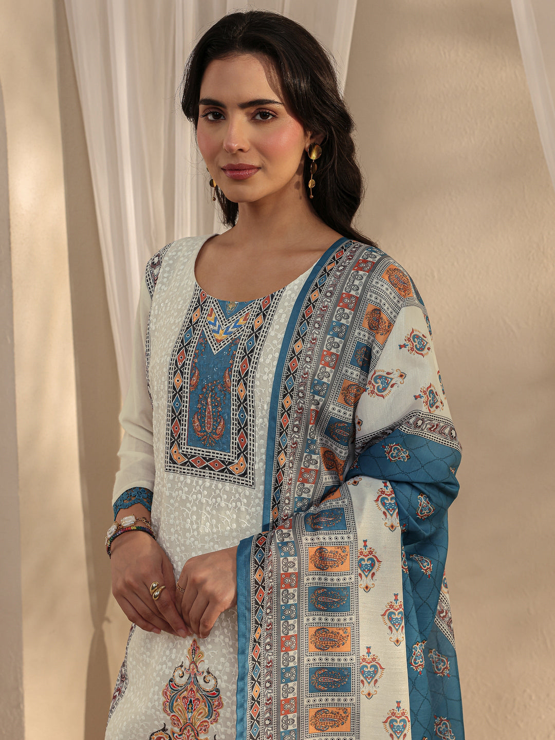 White Ethnic Printed Cotton Blend Straight Suit Set With Dupatta