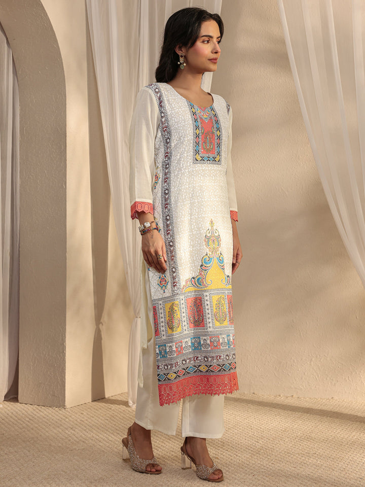 White Ethnic Printed Cotton Blend Straight Suit Set With Dupatta