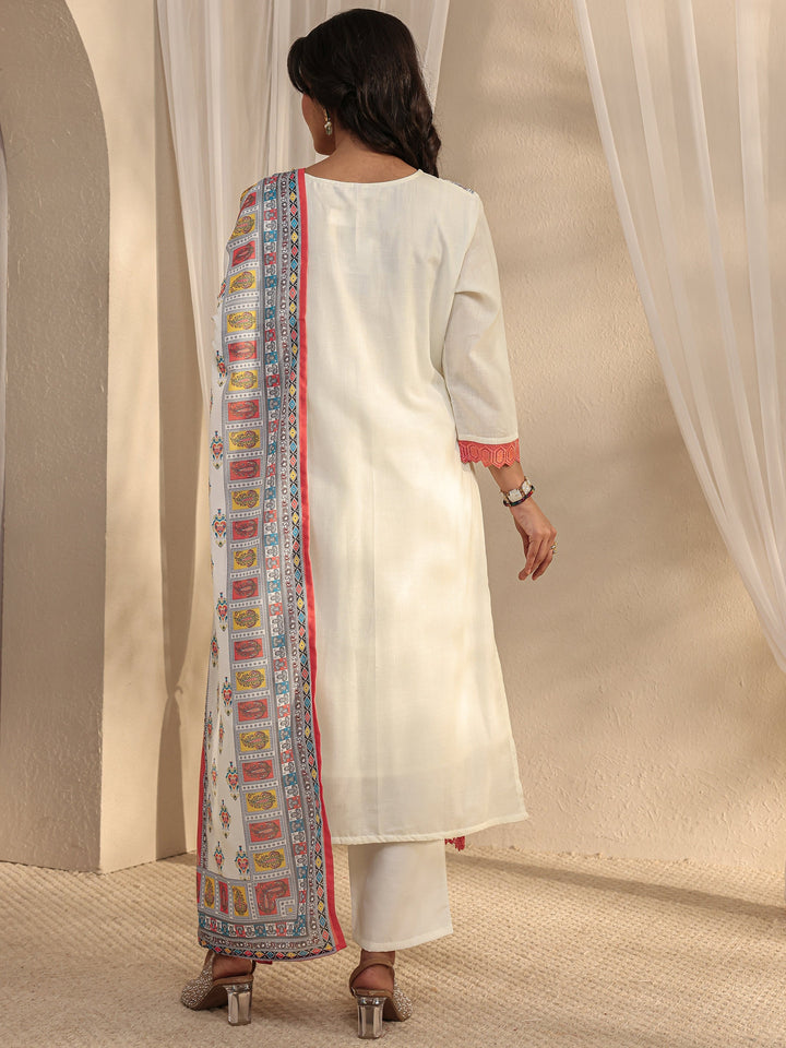 White Ethnic Printed Cotton Blend Straight Suit Set With Dupatta