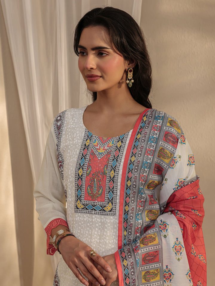 White Ethnic Printed Cotton Blend Straight Suit Set With Dupatta
