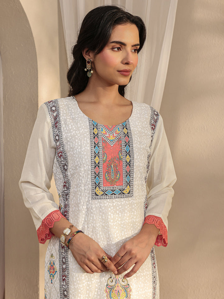White Ethnic Printed Cotton Blend Straight Suit Set With Dupatta