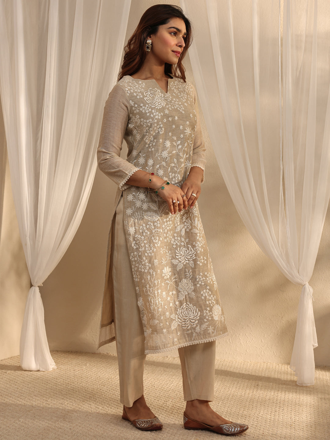 Beige Floral Embroidered Cotton Blend Straight Suit Set With Dupatta