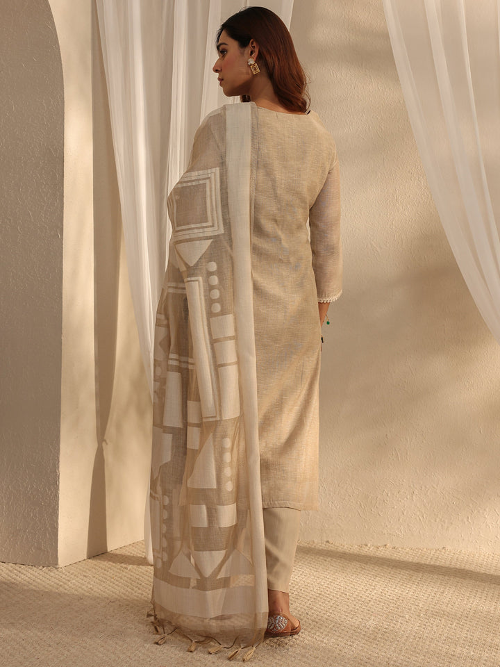 Beige Floral Embroidered Cotton Blend Straight Suit Set With Dupatta