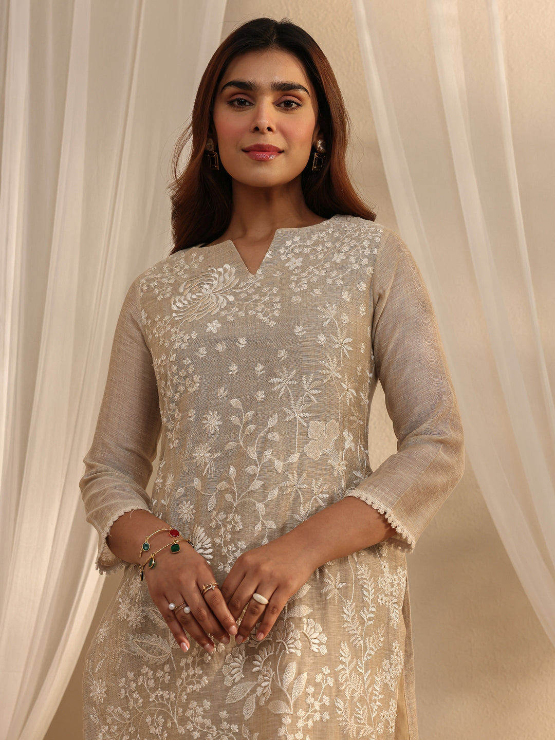 Beige Floral Embroidered Cotton Blend Straight Suit Set With Dupatta